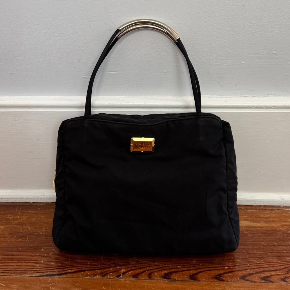 Vtg Nina Ricci Black Nylon Mini Tote Shoulder Bag Gold Hardware Zipper Italy